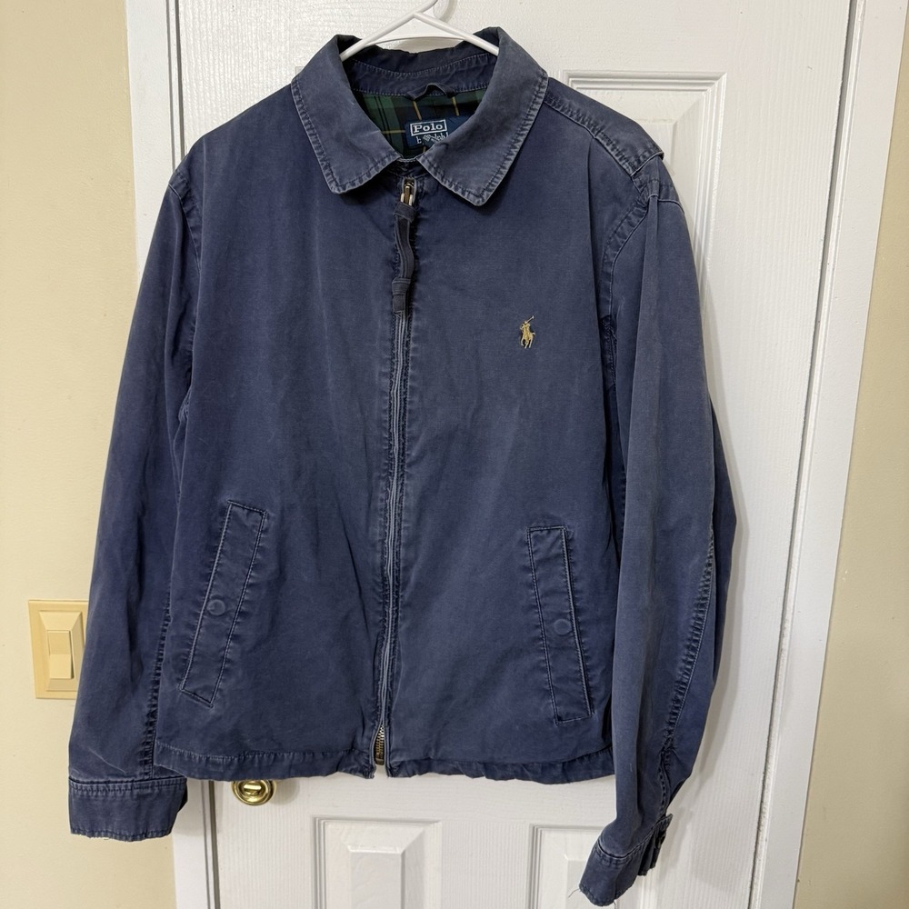 VTG Polo Ralph Lauren Harrington Jacket Navy Plaid Lined Size Large Distressed